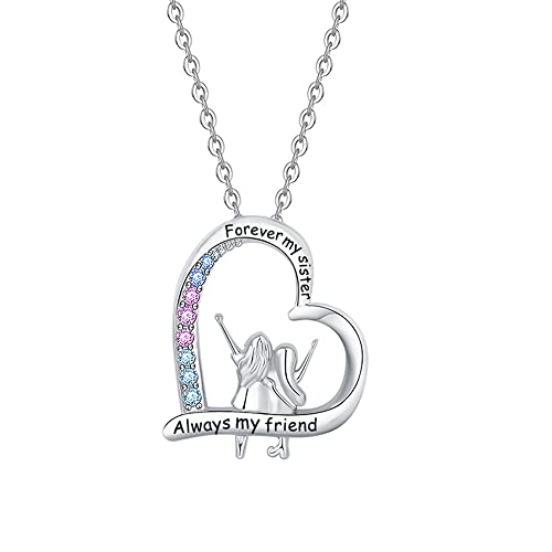 Yuluzeln Schwester Halskette,Love Herz Anhänger Halskette Schmuck Schwester Geschenk fürDamen Frauen Freundin Tochter,Sterling Silber Gravur "Forever My Sister Always My Friend" Cover