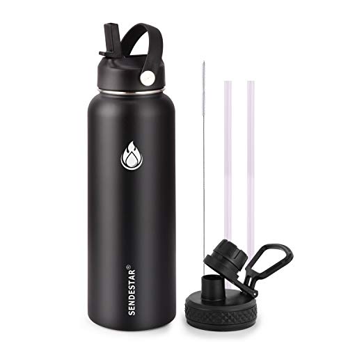 Image of SENDESTAR Stainless Steel Water Bottle, Wide Mouth 32 oz Water Bottle with Straw Lid, Spout Lid, Double Wall Vacuum Insulated Leak Proof, Keeps Liquids Hot or Cold (Black)