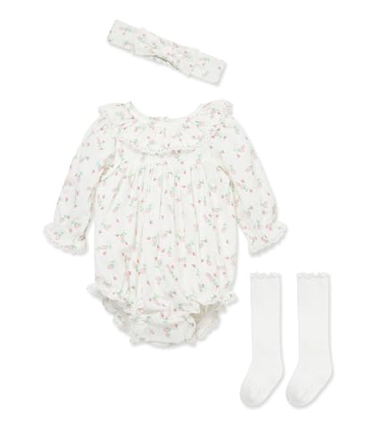 Little Me Clothes for Baby Girls' Woven Bubble Romper, Matching Headband, and Socks Set, 3 Months to 12 Months
