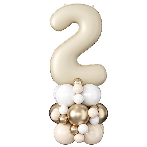 Image of 40 Inch Cream Number 2 Balloon for 2nd Birthday Decoration Beige White Sand Number Two Foil Balloon Tower Giant Large Nude Neutral Digit Helium Balloons Stack for Girls Second Anniversary Party