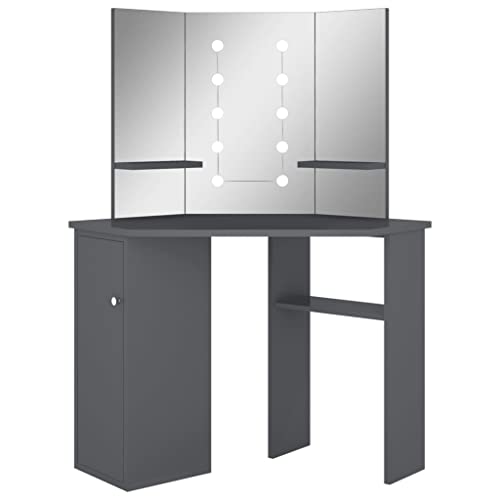 vidaXL Tocador de Esquina con LED Aparador Escritorio Mesa Maquillaje Belleza Cosmética Muebles Dormitorio Vestidor Gris 111x54x141,5 cm