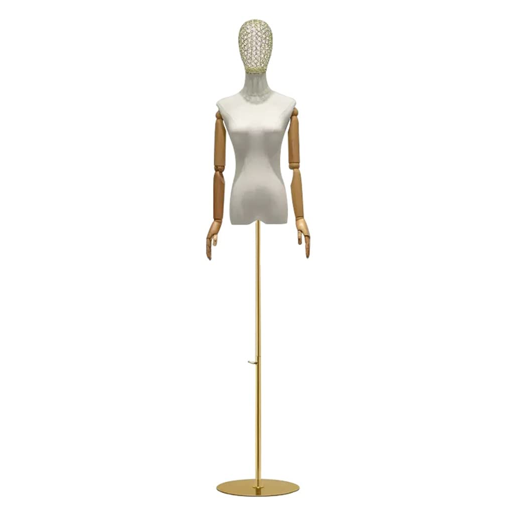 Maniquí de vestido ajustable dorado con cabeza para exhibición joyas