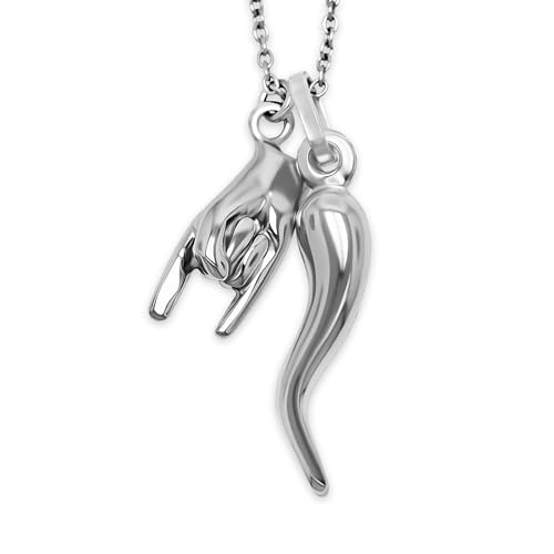 Italian Horn with Hand Sign Pendant - Gold Plated 925 Sterling Silver - 3D Good Luck Sign - Italian Mano Cornuto Hand Symbol - Cornicello Charm Pendant