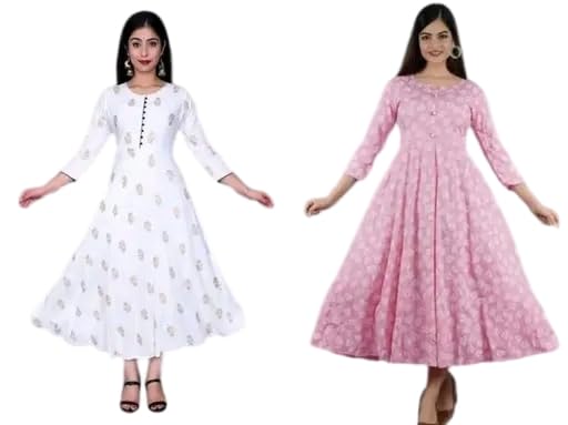 Raj Fashion Women's Floral Printed Pink and White Rayon 3/4th Sleeves Round Neck Combo Ethnic Gown-picture-23