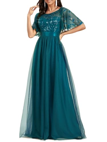 Image of Ever-Pretty Sequin Formal Prom Dresses for Women Ruffle Sleeves Empire Waist A-Line Long Mother of Bride Dress 00904