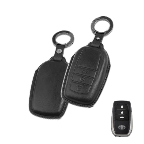 Image of Keyzone Vintage Leather Key Cover for Toyota Fortuner, Legender, Land Cruiser, Innova HyCros, 3 Button Smart Key (VL-Black)