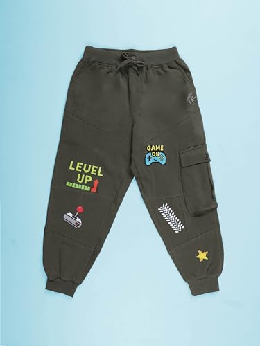 Image of KiddoPanti Boys Solid Fleece Cargo Track Pants | Cotton Poly Fleece Fabric | Ankle Length Jogger | 2 Cargo Pocket,1 Side Pocket | Elastic Waist & Drawcord | Jogger Track Pants