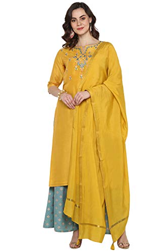 Image of Janasya Women's Yellow Poly Muslin Kurta With Palazzo and Dupatta