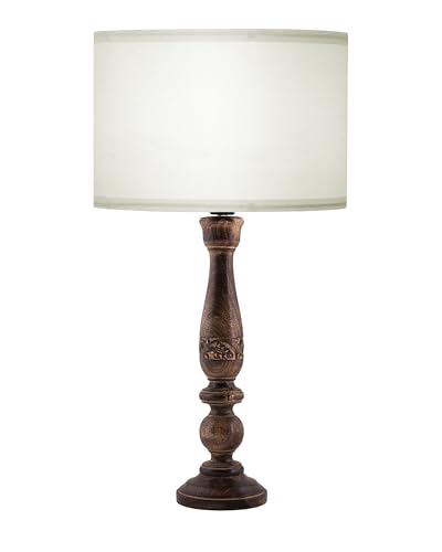 Image of Homesake Floral Carved Wood Table Lamp with Shade | Handcrafted Bedside Lamp, E27 Holder| Bulb Included |Warm Light Night Lamp, Bedroom, Living Room, Study & Home Decor, KD Off-White Drum