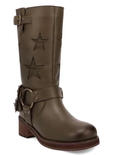 Image of Dingo Womens Blacklist Tooled Inlay Round Toe Pull On Motorcycle Casual Boots Mid Calf Mid Heel 2-3 inch