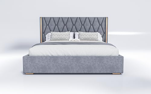 Image of Acacia Modern Upholstered King Size Bed with Hydraulic Storage for Bedroom | Wooden Furniture Double Beds for Home & Hotels | Platform Cot Bed with Upholstery Fabric, 6.5 x 6 Ft, Sheesham Wood, Grey