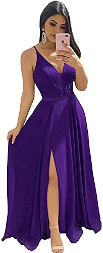 Vipgowns Vestido de noche para mujer, cuello en V, largo, con tirantes finos, de satén, para novia, dama de honor, formal., morado, 48 Cover