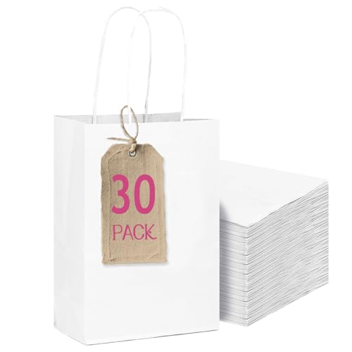 qiqee 30-Packs White Gift Bags with Handles Bulk 4.5x2.5x6 Mini Size Party Paper Bags