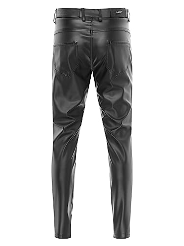 easyforever Men's Faux Leather Zipper Fly Pockets Pants Slim Fit Moto Biker Pants Clubwear 6