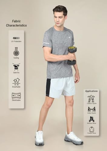 Image of TECHNOSPORT Men's Melange Slim Fit Round Neck T-Shirt Double Cool Raglan Sleeve Slip On Polyester for Gym Running Workout UPF50+ Anti Odour