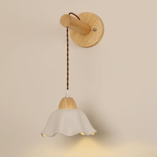 Jadssox Aplique de Pared de cerámica Blanca luz de Montaje en Pared de Madera lámpara de Pared nórdica Dormitorio mesita de Noche Apliques cableados Sala de Estar luminaria de Pared lámpara