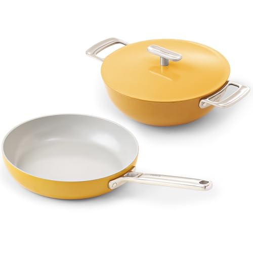 Image of Ember Cookware Arcilla Ceramic Non Stick Cookware Set of 2 | Induction Cookware | Frying Pan 24 cm & Kadai 2.6 Litre | Metallic Lid | 75% Less Oil | Gift Set|Steel Handle| 5-Year Warranty|Benares Gold