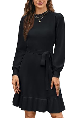 STYLEWORD Strickkleid Damen Langarm Herbstkleid Rüschen Pulloverkleid Elegant Rundhals Winterkleid mit Gürtel(Schwarz,XXL)