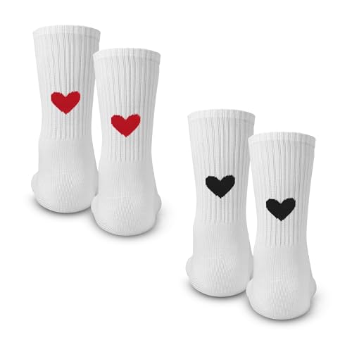 Made by Nami 2 Pairs of Heart Crew Socks for Women Breathable & Preppy Cotton White Socks with Hearts for Cute Athletic Style and Casual Wear
