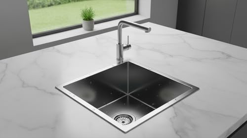 Image of NIRALI Kitchen Sink 20 inch x 20 inch 304 Heavy Duty Stainless Steel | Single Bowl Sink Round Coupling | Rust & Stain Resistant | Matt Finish | Minimizes Sound Macy Square Sink (SS-304) (20 inch x 20 inch x 8 inch)