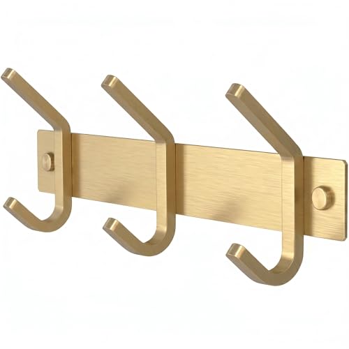 SAYONEYES Brushed Gold Small Coat Rack Wall Mount – 9 Inch Stainless Steel Rail with 3 Double Coat Hooks for Entryway, Bathroom, Bedroom, Kitchen – Modern Gold Hook Rack for Coats, Hats, Towels