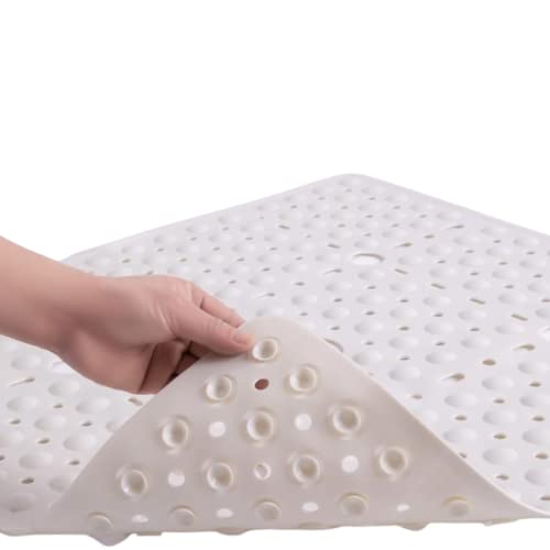 Image of ENKOSI Square Shower Mat 27x27 inch - Anti Slip Bathroom Shower Stall Mats for Smooth Shower Floors - Square Bath Mat with Strong Secure Suction Cups and Drain Holes in Middle (Pearl White 27x27)