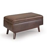 SIMPLIHOME Owen Small Rectangular Storage Ottoman - 36 inch Wide Upholstered Vegan Leather Lift-Top Ottoman in Distressed Chestnut Brown, Mid-Century Modern Ottoman for Living Room with Tufted Detail