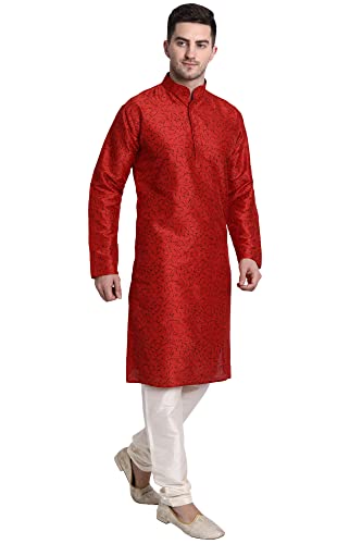 Image of Men's Art Silk Printed Kurta Pajama Set Mandarin Collar Ethnic Motifs Party Dress