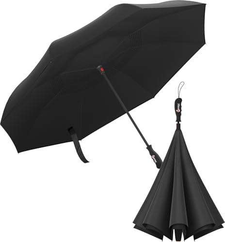 Windproof Travel Umbrella - Compact & Withstands Winds up to 100MPH, Strongest Premium Auto Folding Umbrella for Rain and Sun - Durable, Light & Portable for Women & Men, Fits Backpack & Cars