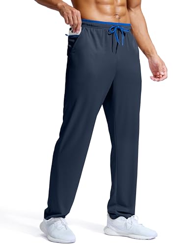 Pudolla Open Bottom Sweatpants for Men Athletic Pants with Zipper Pockets Mens Running Pants(Navy Blue L)