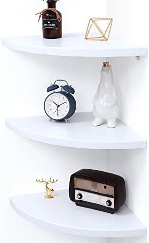 Corner Floating Shelves Set of 3 | Corner Wall Shelves | Wall Mounted Corner Storage Display Shelving for Bathroom, Bedroom, Living Room, Kitchen | 12-4/5" D x 12-4/5" W | Quarter Circle Shape, White