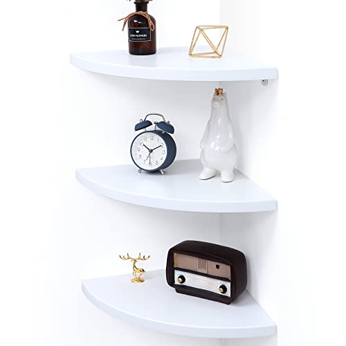 Corner Floating Shelves Set Of 3 | Corner Wall Shelves | Wall Mounted Corner Storage Display Shelving For Bathroom, Bedroom, Living Room, Kitchen | 12-4/5" D X 12-4/5" W | Quarter Circle Shape, White #TOP21