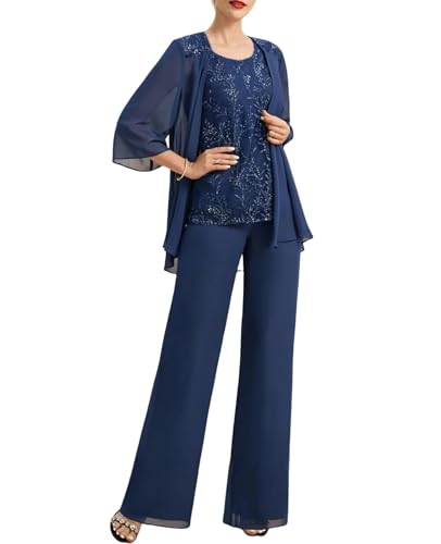 Sequins Mother of The Bride Pantsuits for Women 3 Pcs Chiffon Formal Wedding Outfit with Jacket3