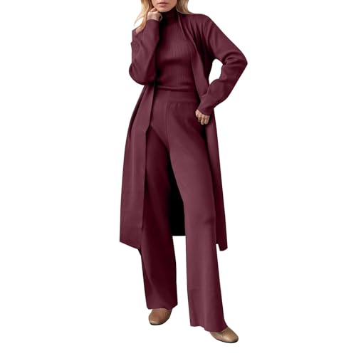 Ensemble tricot 3 pièces femme avec cardigan long et pantalon large pour la maison