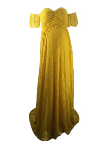 Image of Maternity Photography Props Floral Lace Dress Fancy Pregnancy Gown for Baby Shower Photo Shoot (S, Mustard)