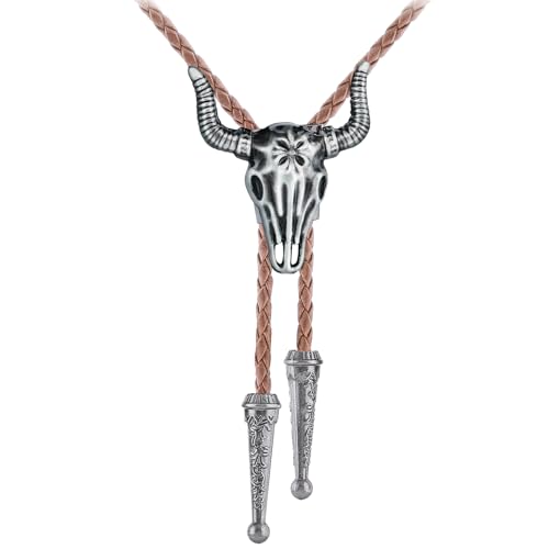 Image of GelConnie Longhorn Bull Bolo Tie for Men Native American Western Cowboy Leather Necktie Bolo Necklace for Women Gold Texas