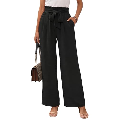 viiotu Sommerhose Damen Weite Hose Elegant Wide Leg Palazzo Hose Hohe Taille Stoffhose mit Taschen Sommerhose für Freizeit Büro und Alltag (DE/NL/SE/PL Alphanumerisch XL Regular Regular Schwarz)