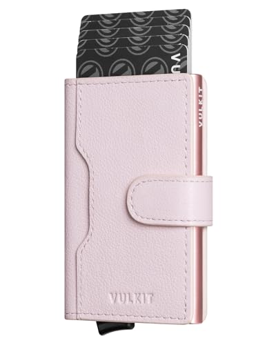 Image of VULKIT Slim Bifold Pop up Wallet Minimalist Leather Card Holder RFID Blocking Metal Card Case with ID Window for Women | with Leather Slots