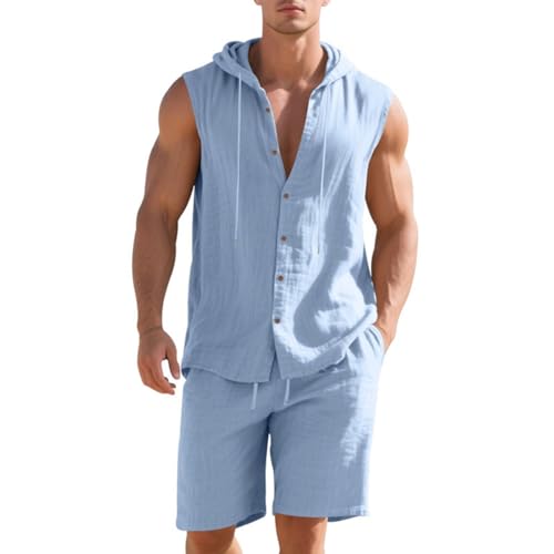 Men Linen Sets Outfits Sleeveless Hoodies 2 Piece Short Set Summer Beach Tank T Shirts Solid Gym Workout Running Sets