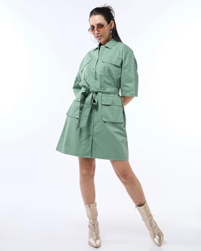Image of Bewakoof Women's Solid Oversized Fit Half Sleeve Collar Cotton Blend Above The Knee Shirt Dress