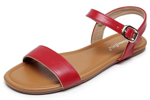 VenusCelia Womens Plain Strap Flat Sandal (8 W US Red)