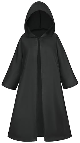 Dreamture Kids Knight Costume with Hooded Cloak Medieval Halloween Robe for Boys Girls Black Cosplay Tunic Cape 4-15 Years