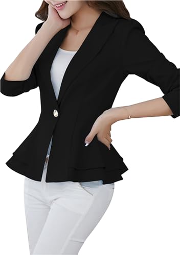 Women Notch Lapel Slim Blazer Plain Long Sleeve Office Jacket Peplum Hem One Button Coat2