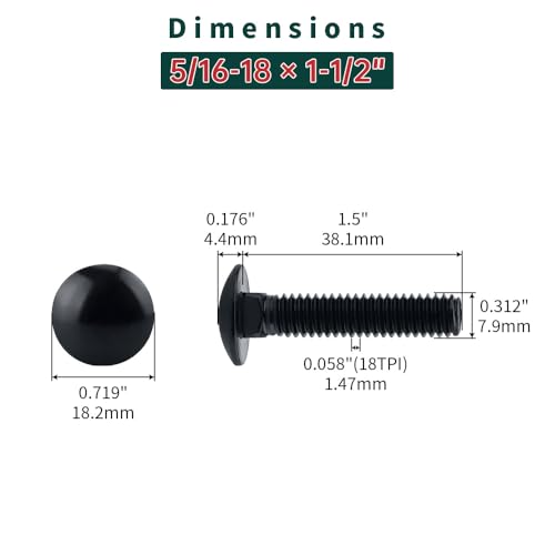 Image of 5 /16-18 x 1-1 /2 inch Black Carriage Bolts with Nuts and Washers Kits (10 Sets), 304 Stainless Steel 18 /8, Black Finish, Round Head, Square Neck, Heavy Duty Bolts, Indoor Outdoor Fastening Bolts, Fayeploo