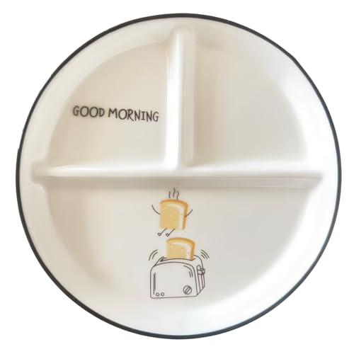 Plato de Cerámica Dividido, Plato de Cena con 3 Compartimentos y Bonito Patrón de Pan para Pasta, Fruta, Ensalada, Pan, Apto para Microondas