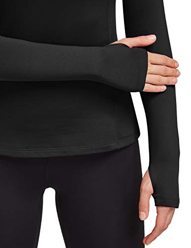 BALEAF Women's Thermal Fleece Tops Long Sleeve Running Athletic t-Shirt with Thumbholes Zipper Pocket Black Size L