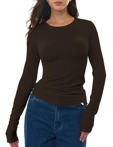 Image of Women's Merino Wool Blend Shirts Long Sleeve Tops Crew Neck Fitted Basic Tee Cozy Embrace Collection