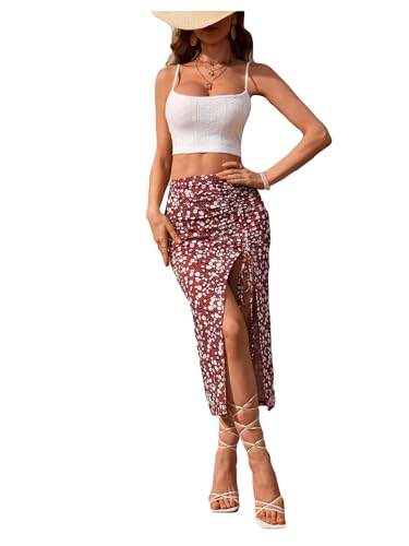 Verdusa Women's Backless Crop Cami Top and Drawstring Bodycon Skirt Sets 2 Piece Outfits Red White X-Large