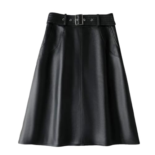 Women Leather Skirt A-Line Knee Length Office Ladies Solid Casual Belted with Pocket Skirts