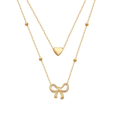 MPRAINBOW Collier Plaqué Or 14K Pour Femme – Double Chaîne Avec Pendentif Cœur & Noeud, Bijou Minimaliste, Cadeau Pour Elle